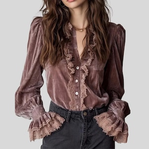 Elegant Velvet Lace Ruffle Blouse, Long Sleeve Shirt, Office Daily Wear