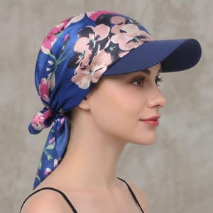 Printed Satin Headscarf Hat with Brim, Summer Sun Protection Baseball Cap
