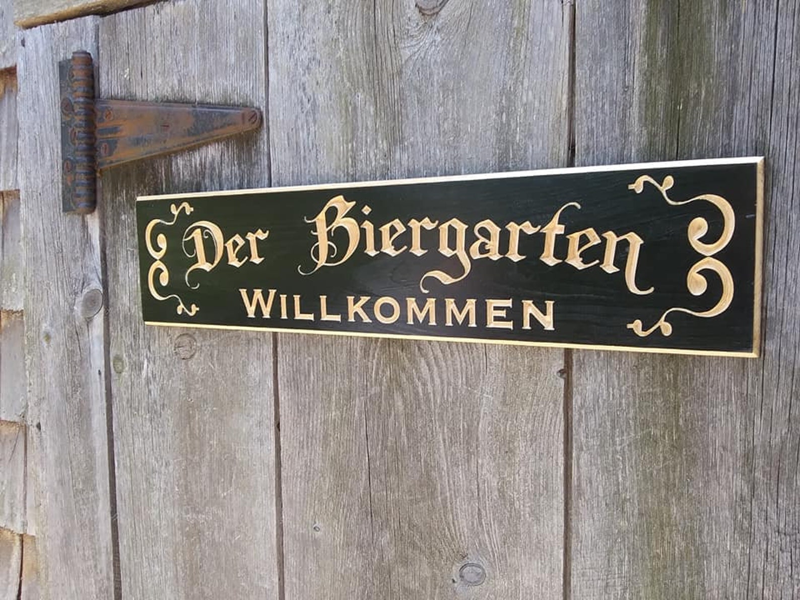 Carved Engraved Der Biergarten Sign Black with natural lettering Beer Sign German Sign