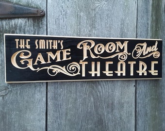 CUSTOM Routed Carved Family Name Game Room Theater Theatre Sign  Free Shipping Gift for Rec Room Home Theater Gift