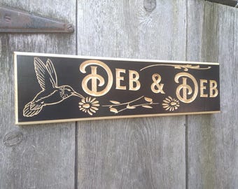 CUSTOM Hummingbird theme carved, routed wooden House sign
