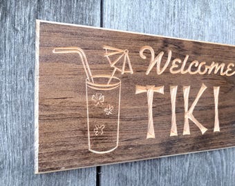 Carved Tiki Bar Sign - Welcome to Our Beach Bar
