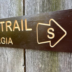 May include: A dark brown wooden sign with the words "Appalachian Trail Georgia" and an arrow pointing to the right with the letter "S" inside.