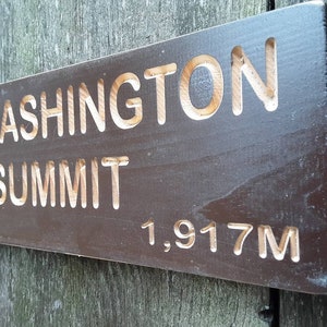 May include: A brown wooden sign with the text "Mount Washington Summit" in white lettering. The sign also includes the measurements "6,288 FT" and "1,917 M".