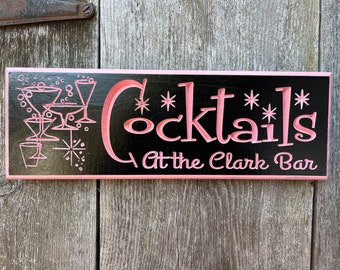 CUSTOM Carved MCM Cocktails sign 50s cocktails. MCM Barware