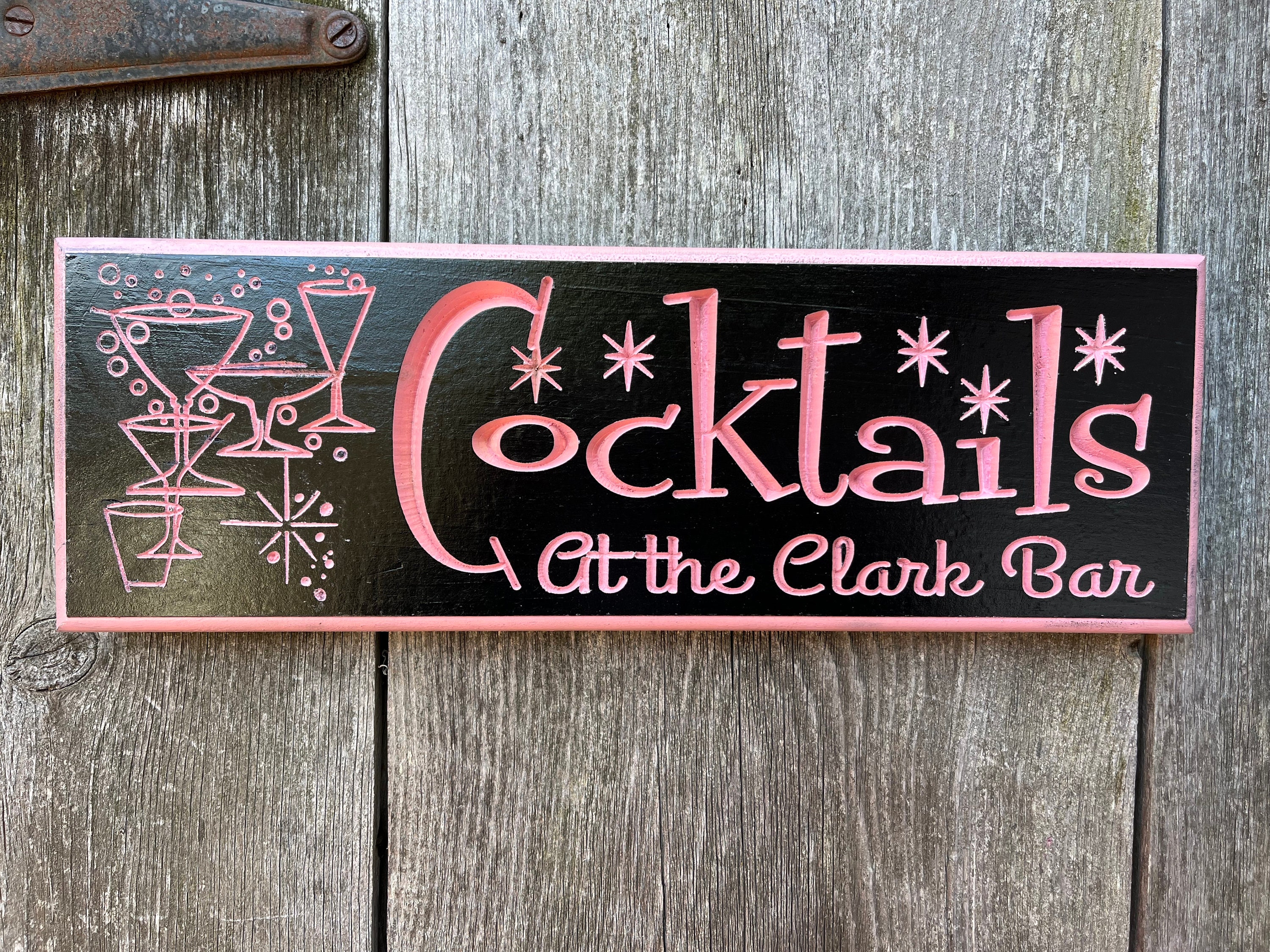 CUSTOM Carved MCM Cocktails sign 50s cocktails. MCM Barware
