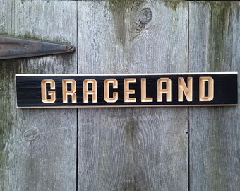 Carved Graceland Street Sign, Painted Wood, Rock and Roll Decor