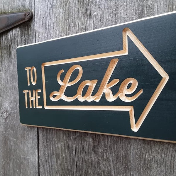 Routed Carved Engraved Sign To The Lake with Arrow, deeply v carved Lake sign