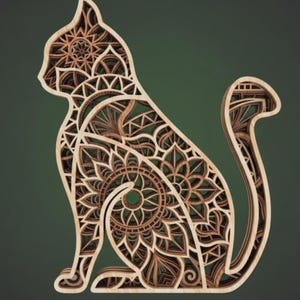Puede incluir: Silueta de gato de madera con intrincados diseños estilo mandala. La construcción en capas crea un efecto 3D, con tonos marrones claros y oscuros. El gato está sentado, con la cola enroscada.