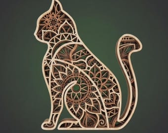 Gato en capas - Mandala 3D de gato, archivo de corte láser, arte mural multicapa para Glowforge, regalo para amantes de los gatos, archivo de corte Cricut, decoración de madera