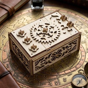 Può includere: Una scatola puzzle in legno color chiaro con intricati disegni tagliati al laser. La scatola presenta una parte superiore a forma di ingranaggio e meccanismi di bloccaggio a forma di croce. La scatola è rettangolare e poggia su una superficie color ottone con una bussola.