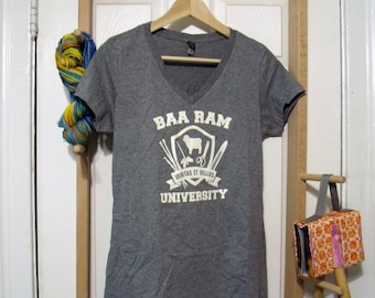 Baa Ram University V-Neck Shirt Sizes: Small through 5X - Fiber Arts, Knitting, Weaving, Crochet, Spinning