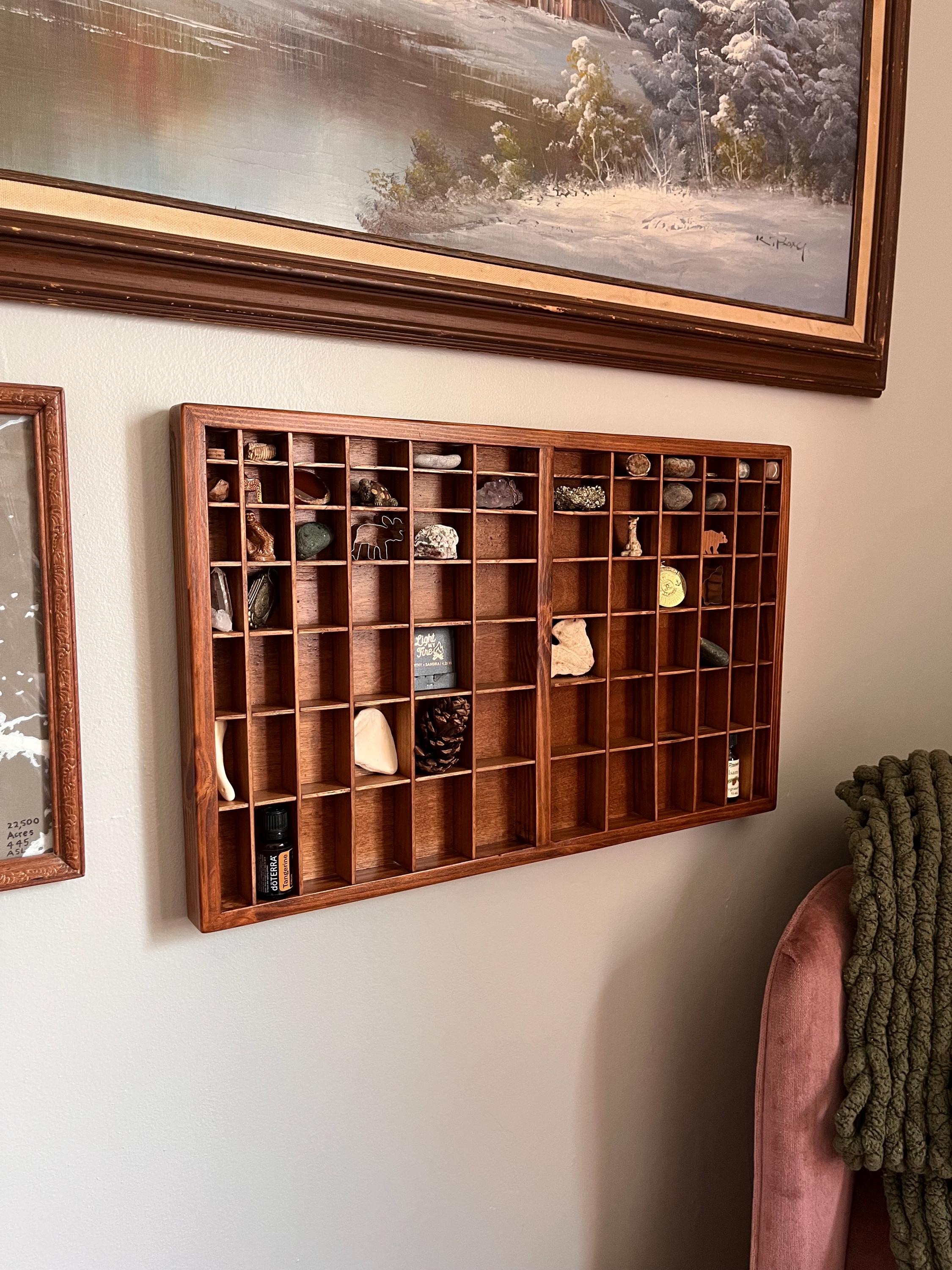 Handmade MEDIUM Wooden Printer's Tray: Knick Knack Shelf, Crystal Shelf, Miniatures, Wood Wall Hanging