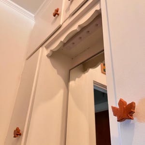 May include: White cabinet with maple leaf-shaped wooden knobs. The cabinet has a mirror and is mounted on a white wall. The knobs are a reddish-brown color and add a decorative touch to the cabinet.