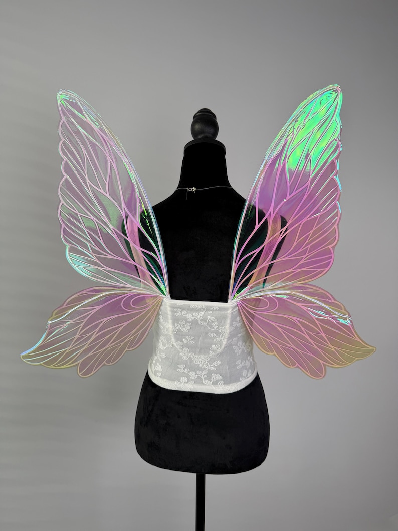 May include: Iridescent fairy wings with a pink and green color scheme. The wings are attached to a white, lace-detailed bodice. The wings are displayed on a black mannequin.
