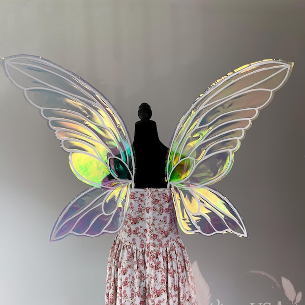 Alas de hada iridiscentes etéreas, alas grandes hechas a mano para cosplay de adultos, disfraz de hada, look de festival, accesorio de fotos de fantasía