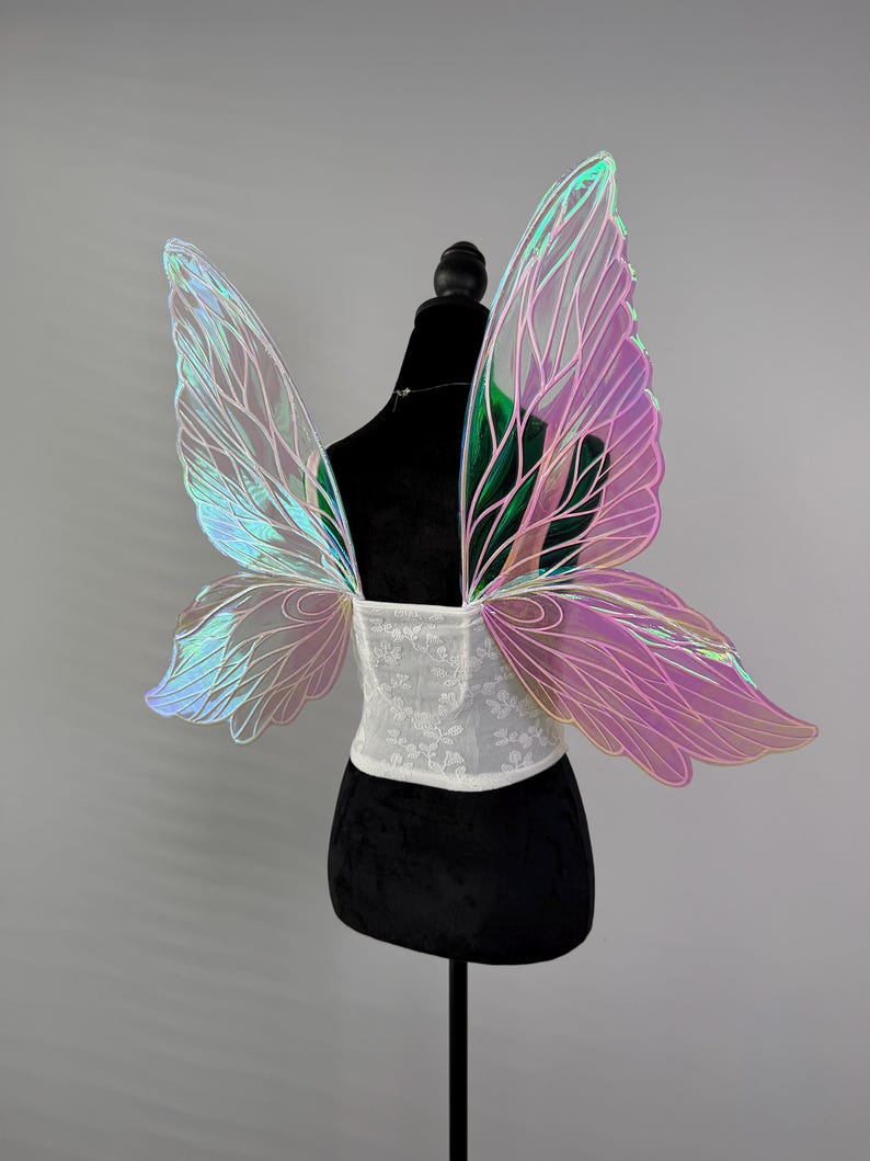May include: Iridescent fairy wings with a white lace corset. The wings have a gradient of colors, including pink, green, and blue. The wings are attached to a black mannequin. The corset is white with a floral pattern.