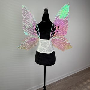 May include: Iridescent fairy wings with a white lace bodice, displayed on a black mannequin. The wings have a delicate, veined design with a gradient of pink, green, and yellow hues. The mannequin is on a black stand.