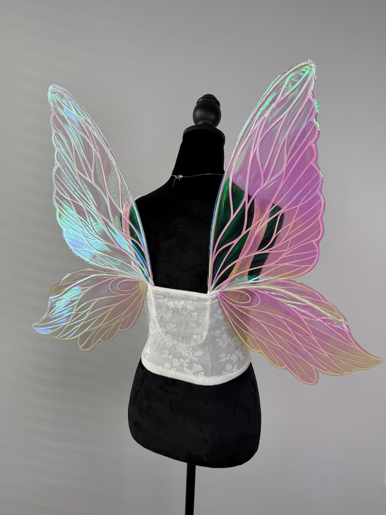 May include: Iridescent fairy wings with a white lace bodice. The wings have a gradient of colors, including pink, green, and blue. The wings are attached to a white lace bodice, creating a whimsical costume.