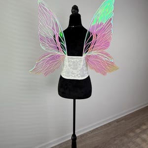 May include: Iridescent fairy wings with a pink and green color gradient are displayed on a black dress form. The wings have a delicate, vein-like pattern. A white lace bodice is attached to the wings.