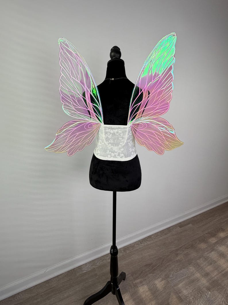 May include: Iridescent fairy wings with a pink and green color gradient are displayed on a black dress form. The wings have a delicate, vein-like pattern. A white lace bodice is attached to the wings.