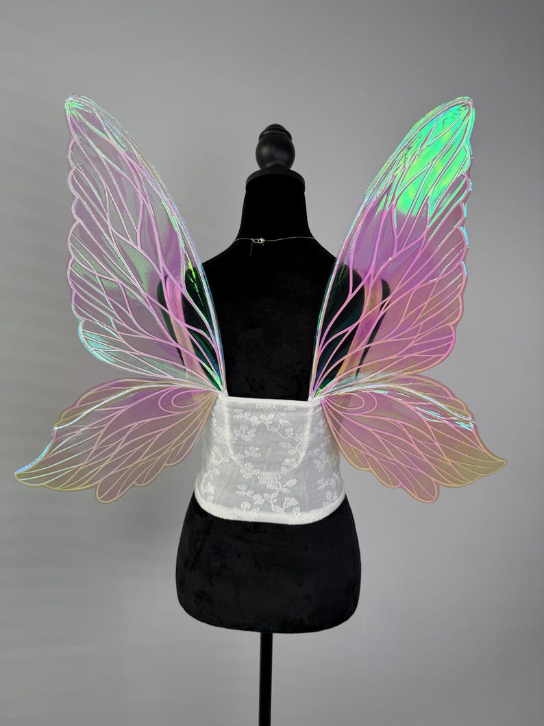 May include: Iridescent fairy wings with a white lace corset, displayed on a black mannequin. The wings have a gradient of pink, green, and yellow hues. The corset features a floral pattern. The wings are attached to the corset.