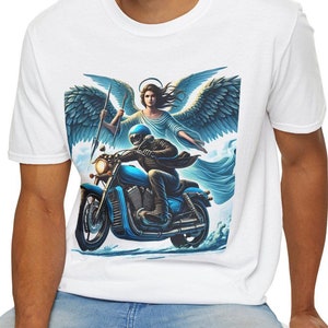 Motorcycle Angel T-Shirt, Biker Apparel, Gift for Riders, Spiritual Design, Graphic Shirt, Casual Wear, Blue Angel, Blue Motorcycle, Unique