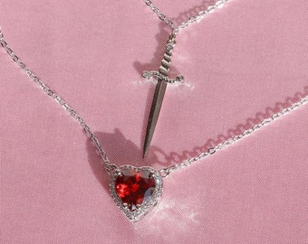 2 Herz und Schwert Halskette, Paar Halsketten, Paar Halsketten, Jubiläumsgeschenk, Schwert Halskette, Halsketten-Set, versilbert