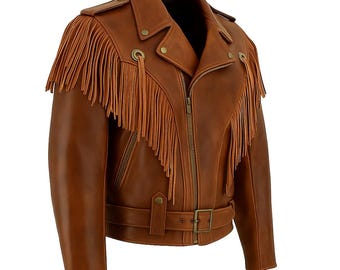Brown Fringe Leather Jacket Men | Real Leather Western Suede Coat | Handmade Cowboy Biker Fringe Jacket | Custom Mens Moto Jacket