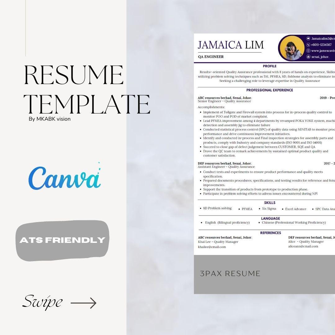 ATS Friendly Resume Template Canva, ATS Resume, ATS Cv Resume Template