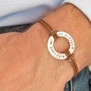 Coordinates Bracelet for Men Boyfriend Gift Personalized Mens Leather Bracelet Gift for Him GPS Engraved Washer Bracelet Husband Gift