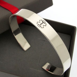 Bracelet d&#39;alerte médicale pour homme - Bracelet manchette d&#39;identification médicale en argent sterling 925