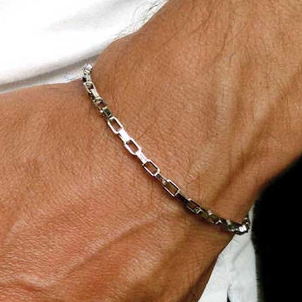 Men's Silver Bracelet, Boyfriend Gift, 2mm Rectangular Chain Bracelet for men. Minimalist Stainless steel Bracelet for Man - Unisex style