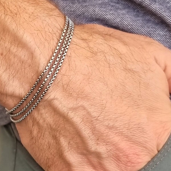 Mens Silver Bracelet - Triple Wrapped Bracelet for Men - Stainless Steel Rounded Box Chain Bracelet - Mens Simple Bracelet - Mens Jewelry