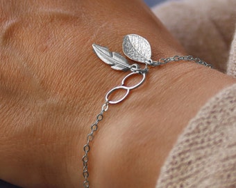 Infinity Charm Bracelet - Personalized Gift for her - Feather and Leaf Charm Bracelet - Minimalist Bracelets - Delicate Custom Bracelet