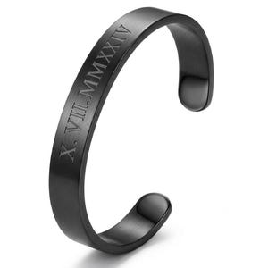 Custom Black Cuff Bracelet for Men Roman Numerals Date Engraving Bracelet Memory Bracelet Birthday Gift Memorial Engraved Jewelry Titanium