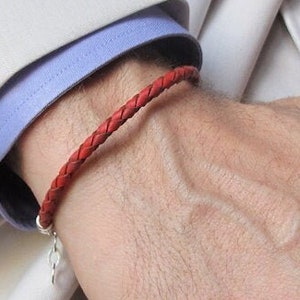 Red Leather Bracelet Handmade Leather Braided Bracelet for Mens Bracelet Birthday Gift for him Adjustable Sterling Silver closure Unisex