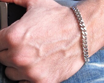 Silver Mens Bracelet. Wide Chain Bracelet for Men. Big Links Bracelet. Mens Band Bracelet, Mens Jewelry, boyfriend gift, fathers days gifts