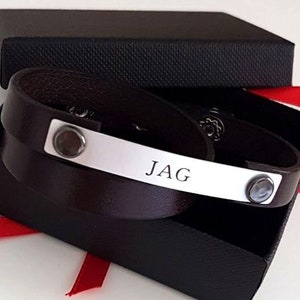 initials engraved leather bracelet