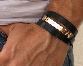 Personalized Mens Bracelet, Boyfriend gift, Husband Gift Mens Leather Wrap Bracelet, Jewelry Gift for Him, Gold Engraved Bracelet for Men