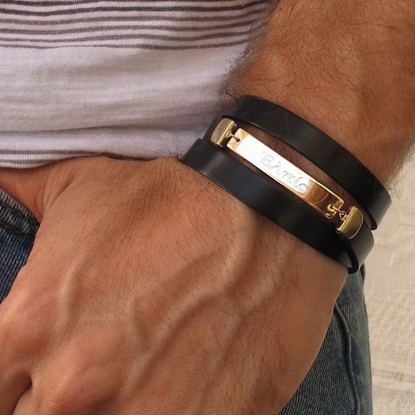Mens Personalized Leather Gold Bracelet - Custom Engraved Mens Bracelet - Engraved Leather Wrap bracelet for men, Husband, Boyfriend Gift
