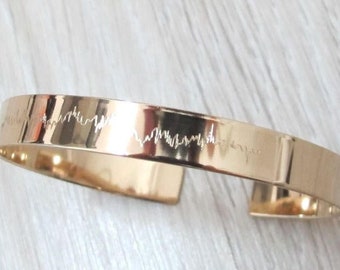 Gold HeartBeat Bracelet, Engraved EKG Cuff Bracelet, Personalized Gift Gold Filled Bracelet Heartbeat Jewelry, Mothers Day Gift, Gold Bangle