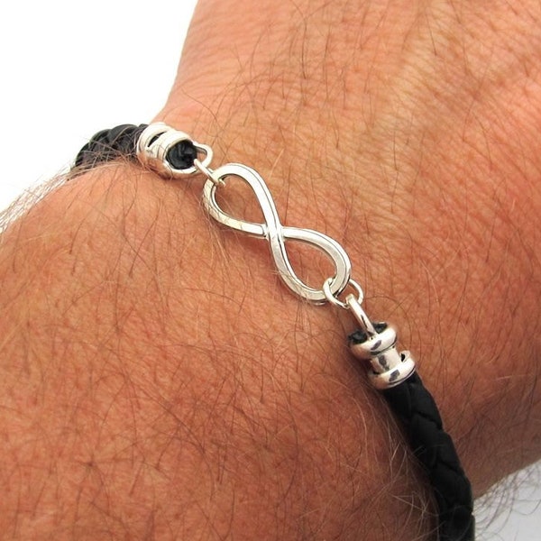 Bracelet Homme Infinity, Cadeau Boyfriend, Cordon tressé en cuir véritable, Bracelet réglable en argent sterling, Cadeau de bijoux urbains pour hommes pour lui