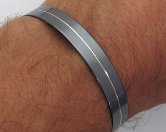 Center Line Cuff Bracelet for Mens, Black Sterling Silver Open Bangel, Adjustable Metal Wristband, Boyfriend Gift, Hidden Message Engraved