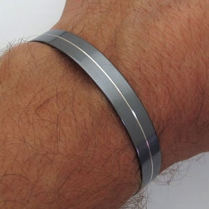 Center Line Cuff Bracelet for Men Black Sterling Silver Open Bangel Adjustable Metal Wristband Boyfriend Gift Hidden Message Engraved
