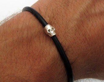 Sterling Silver Skull Bracelet, Leather Skull Bracelet for Men Women, Waterproof Gothic Jewelry, Adjustable Bracelet, Gift for Him Her