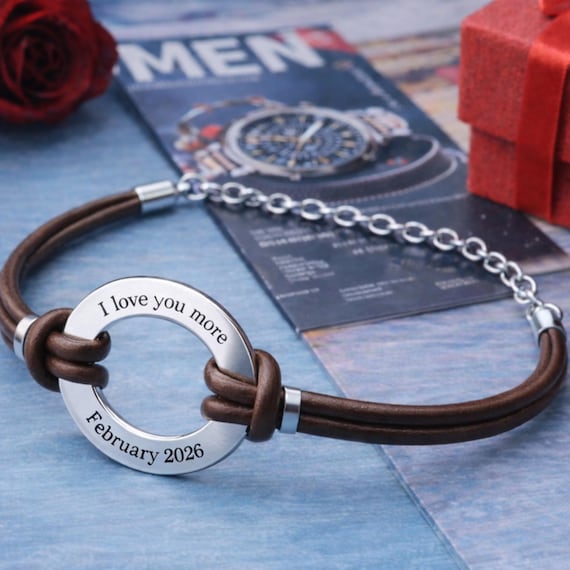 Husband Bracelet Personalized Gift for Him Custom Engraved Leather bracelet for men Birthday Gifts for Men Engraved Round Circle Bracelet