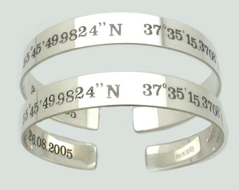 Coordinates Bracelet For Man 6.5 inch Sterling silver cuff Bracelet, Engraved Gift for Him, Personalized Jewelry, Latitude Longitude bangle