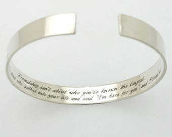 925 Sterling Silver Inspirational Bracelet. Custom Quote Engraved Cuff, Secret Message Open Bangle, Valentine Personalized Bff gift