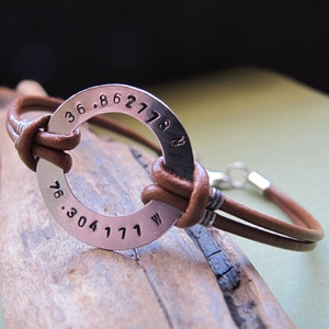 Coordinates Bracelet for Men, Boyfriend Gift, Personalized Men Leather Bracelet, Gift for Him, Halo Circle Bracelet, Husband Gift image 2